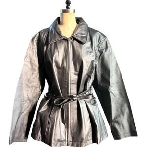 Vintage Black stiff leather trench jacket with tie size 2XL